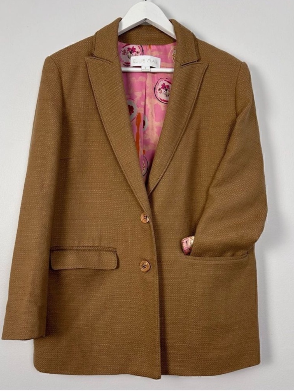 Ellie Mae Cotton Textured Tan Blazer with Pink Floral Lining